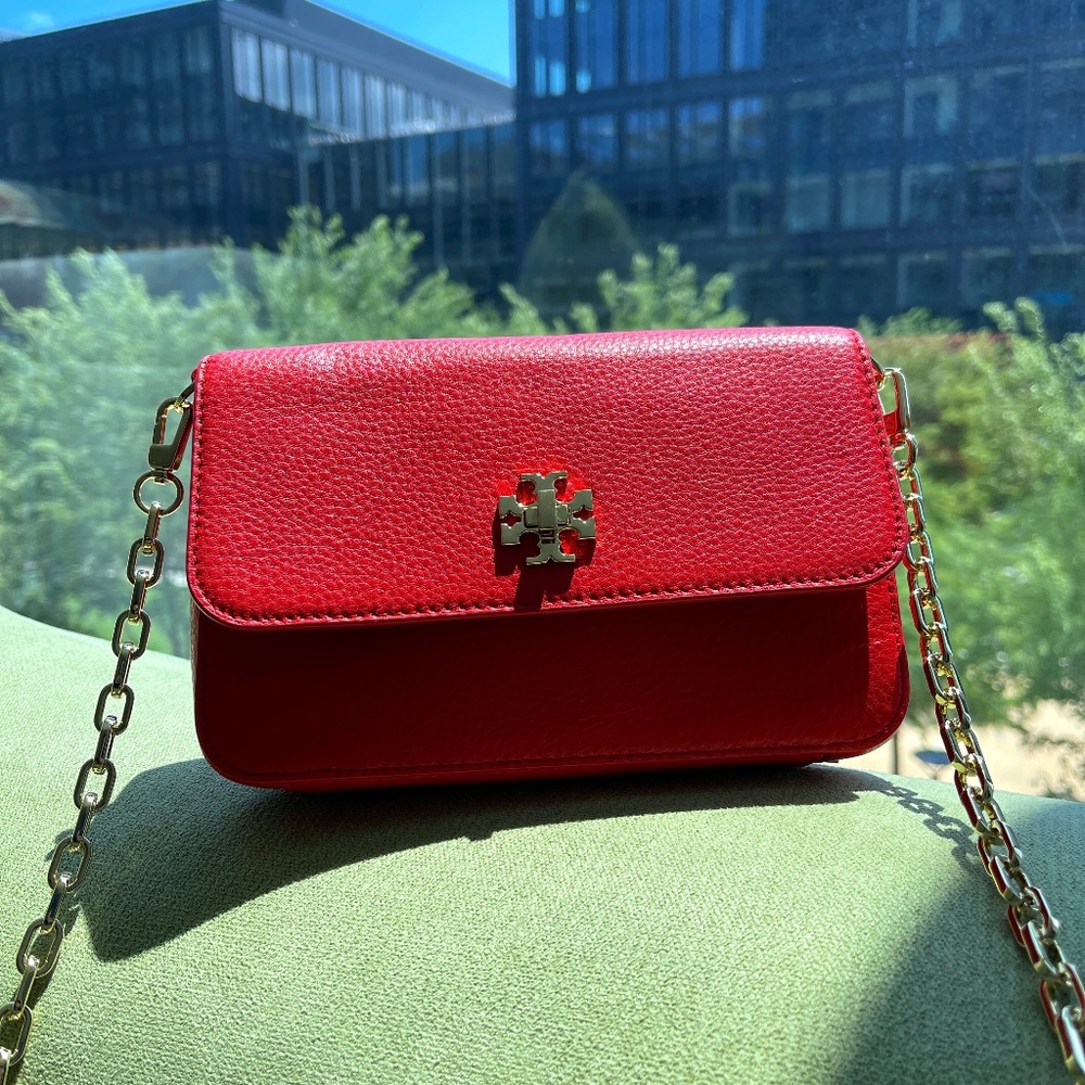 Tory Burch Chain Strap Leather Crossbody Bag. Color: Coral Red